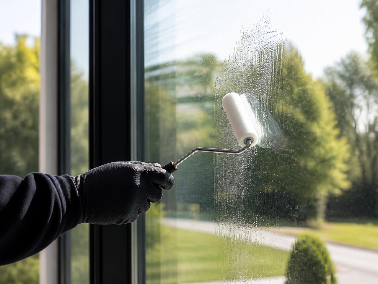 Técnico aplicando con rodillo la pintura cerámica transparente sobre un cristal